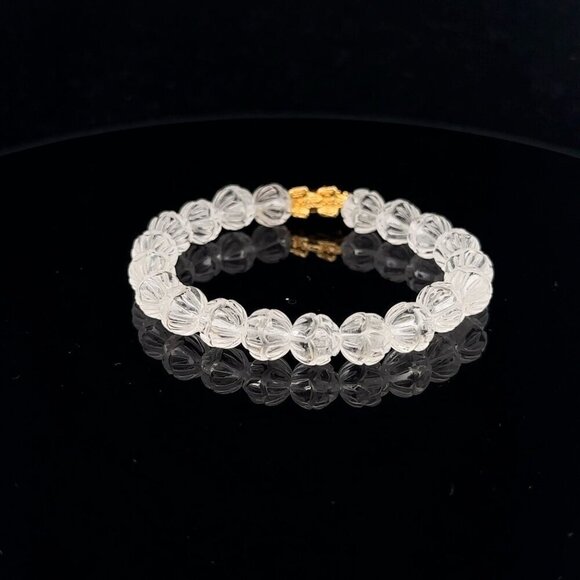18K Gold Dragon Pixiu Piyao Bracelet Gemstones Clear Quartz Carved Lotus 7.5mm - Picture 3 of 6